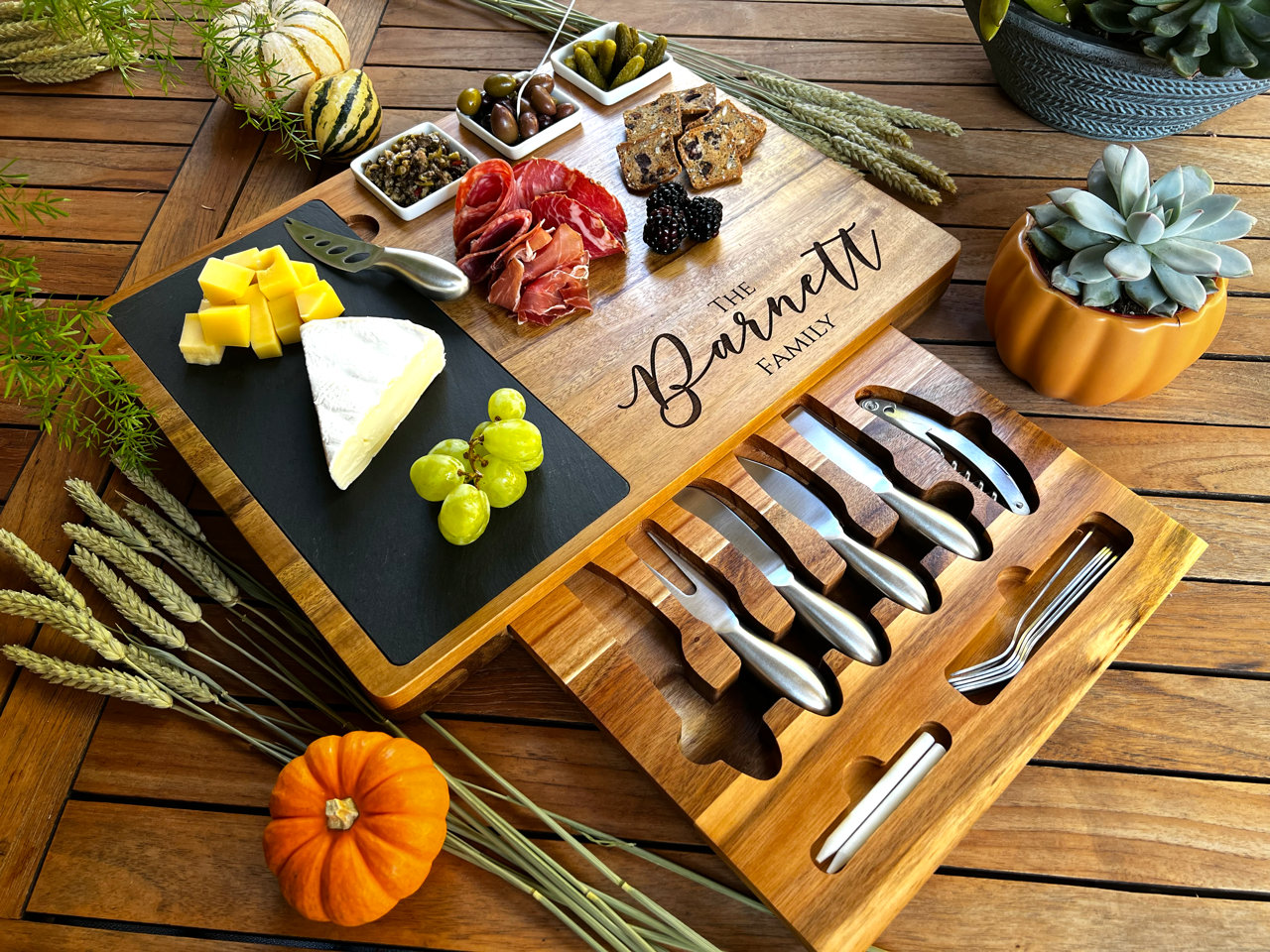 13 Pieces Cutting Board Set Bamboo Cheese Board With Tableware Set