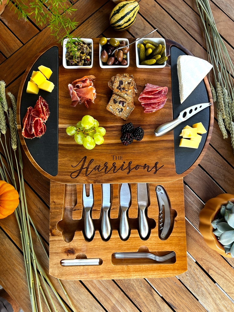 Round Personalized Charcuterie Board Set/19pcs Cheese Board And Knife Set, Realtor Closing gift, Custom Charcuterie board, Wedding Gift image 2