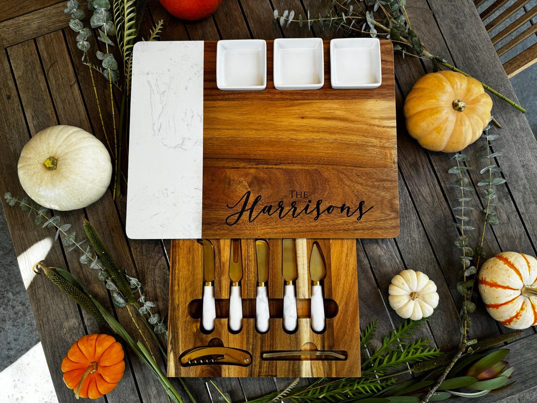 Quartz & Acacia Modern Charcuterie Board Set 16 Pcs Laser Engraved ...