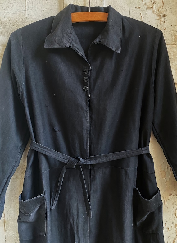 Antique French Black Cotton moleskin Workdress Dr… - image 2