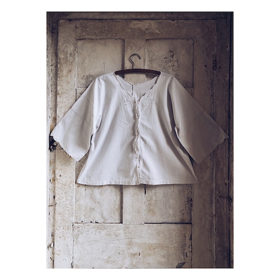Antique French Simple White Blouse with embroider… - image 1