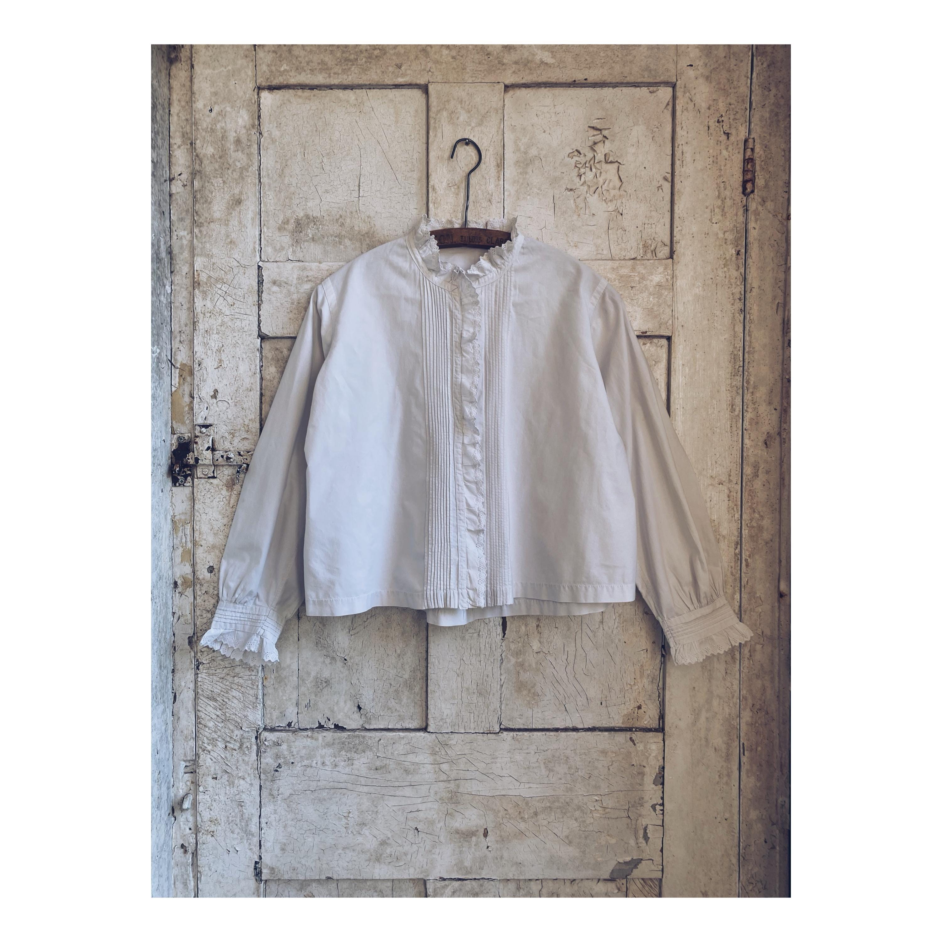 Antique French White Cotton Blouse, Chemisier, Shirt, Top, Pin 