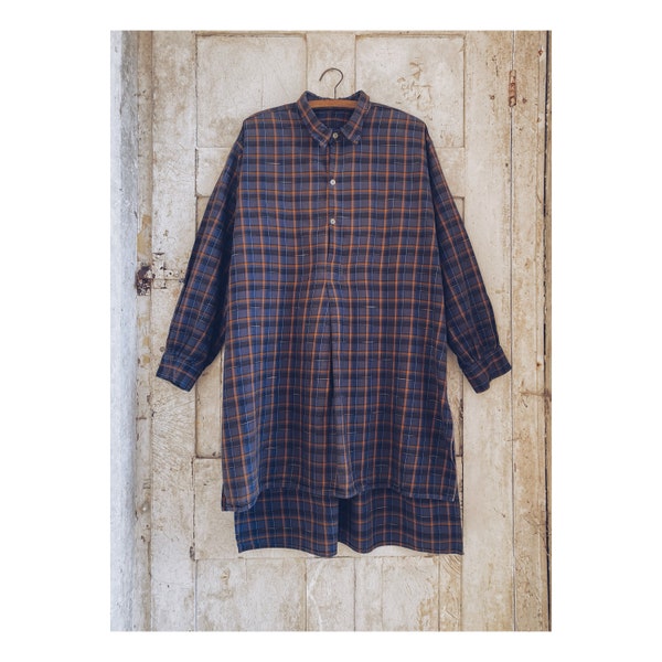 French Vintage Long Work Shirt, Smock, Cheque Cotton C1960.