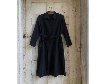 Antique French Black Cotton moleskin Workdress Dress Smock c1920