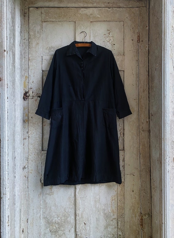 Antique French Black Cotton moleskin Workdress Dr… - image 10