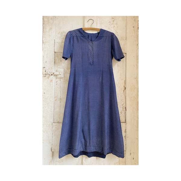 Antique French Bespoke Indigo Blue A line Dress  Rayon c. 1920