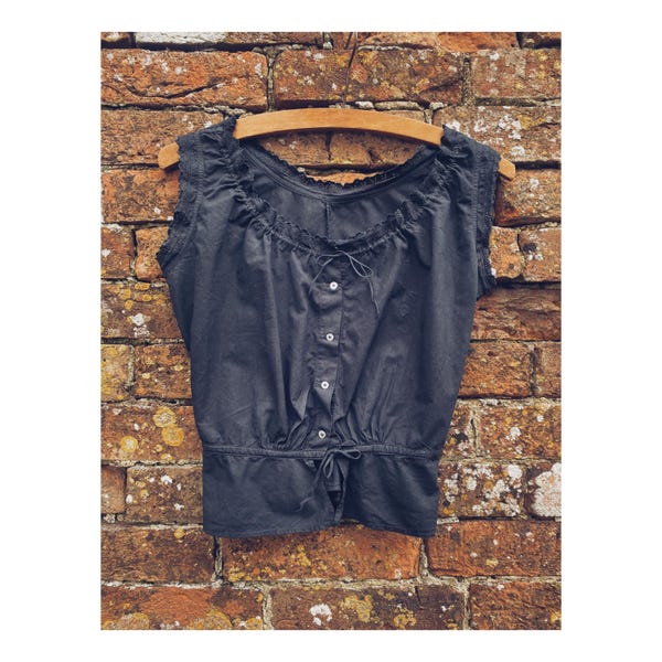 Blusa, sostén, corsé y prenda interior francesa antigua de algodón negro, c. 1910