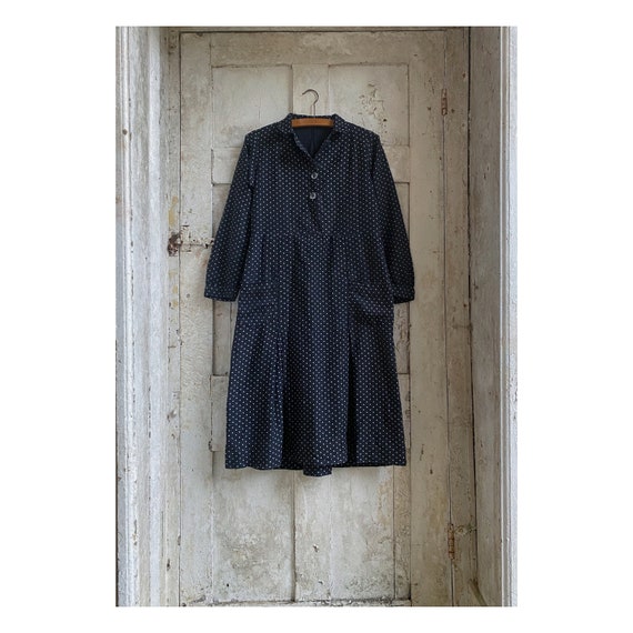 Antique French Polka dot Black cotton Dress Smock… - image 1