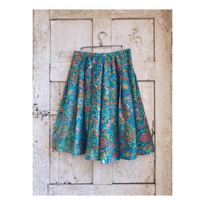Handmade French Vintage silk skirt, with blue, pink, yellow, abstract floral design. C 1990.
