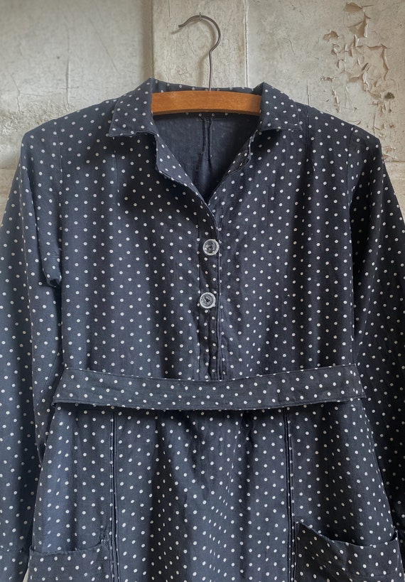 Antique French Polka dot Black cotton Dress Smock… - image 4