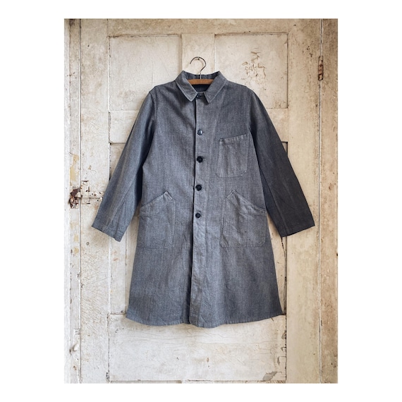 Antique French Chore Jacket: Salt & Pepper Workwear Duster Coat, c1940 (Small)