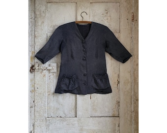 Antique French Navy Blue Polka dot Blouse, Chemisier, Top, Jacket, Synthetic  Silk, C1930.