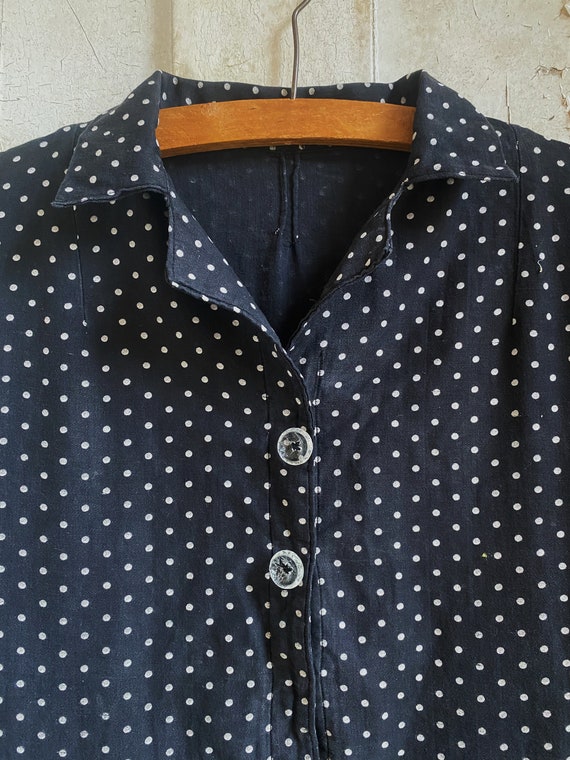 Antique French Polka dot Black cotton Dress Smock… - image 6