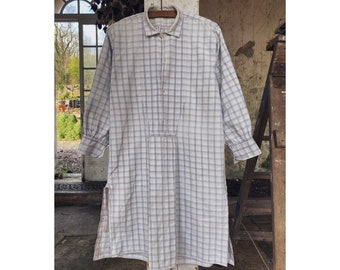 Antique French Cotton Smock, blue and pale pink Cheque, Chemise de nuit, Night Shirt, Dress, c 1930.