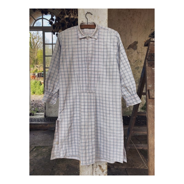 Antique French Cotton Smock, blue and pale pink Cheque, Chemise de nuit, Night Shirt, Dress, c 1930.