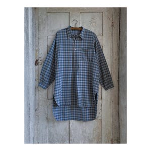 Vintage French Work Shirt, Workwear, Overall Smock, Check Shirt, Plaid, Cotton, Distressed, Darning, c1970