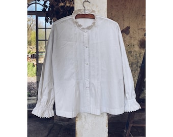 Antieke Franse witte katoenen blouse, overhemd, Chemisier Blanc, C1920