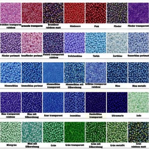 May include: A chart of 36 different colors of seed beads. The beads are arranged in rows and columns, with each color having a different name in German. The colors range from pink to green.