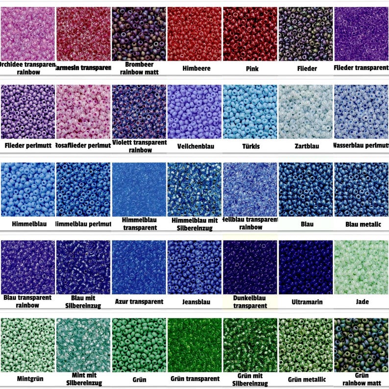 May include: A chart of 36 different colors of seed beads. The beads are arranged in rows and columns, with each color having a different name in German. The colors range from pink to green.