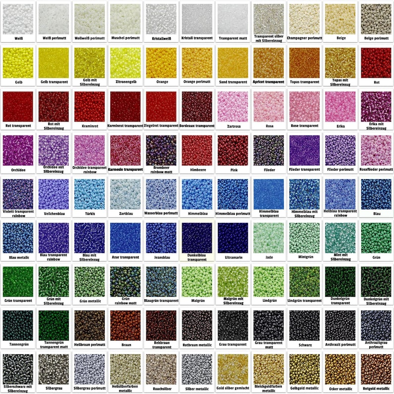 May include: A chart of 100 different colors of seed beads. The beads are arranged in a grid pattern, with each color having its own square. The colors range from white to black, and include many shades of red, blue, green, yellow, and purple. The chart is labeled with the German names for each color.