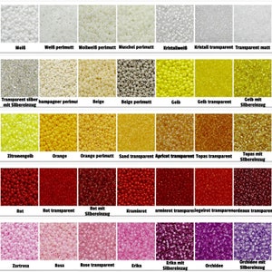 May include: A chart showing 30 different colors of seed beads. The beads are arranged in rows and columns, with each color having a different name in German. The colors include white, beige, yellow, orange, red, pink, and purple.