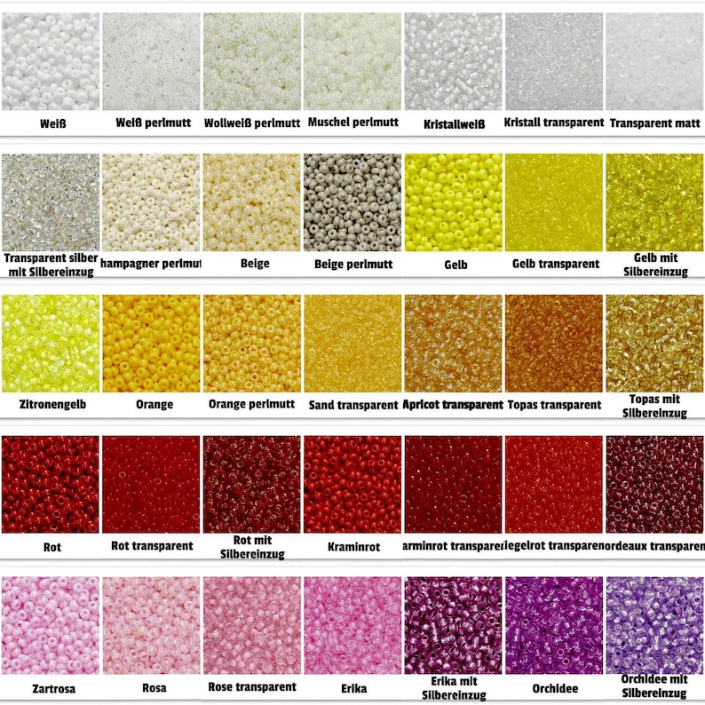May include: A chart showing 30 different colors of seed beads. The beads are arranged in rows and columns, with each color having a different name in German. The colors include white, beige, yellow, orange, red, pink, and purple.