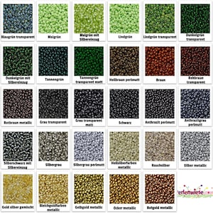 May include: A chart of 36 different colors of seed beads, organized in a grid. Each color is labeled with its name in German. The beads are small and round, and they are perfect for jewelry making, crafts, and other projects.