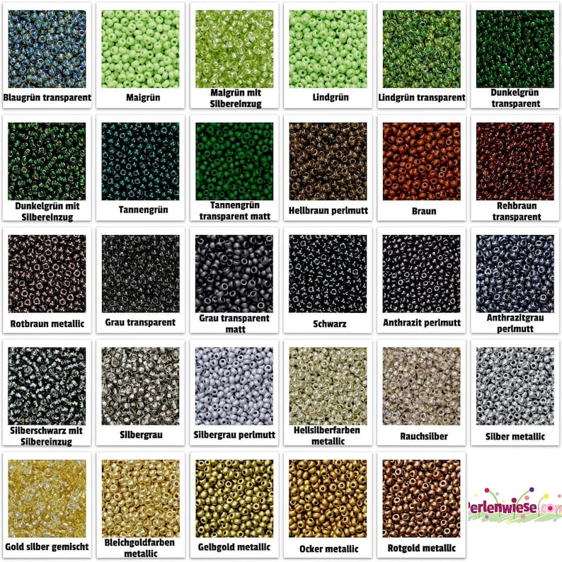 May include: A chart of 36 different colors of seed beads, organized in a grid. Each color is labeled with its name in German. The beads are small and round, and they are perfect for jewelry making, crafts, and other projects.