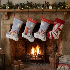 May include: Four Christmas stockings hanging from a wooden mantelpiece above a fireplace. Three stockings feature winter scenes with a hare, a dog by a postbox, and a robin. The fourth stocking has a red and white geometric patchwork pattern.