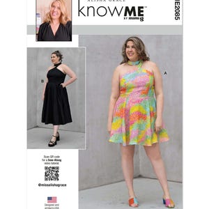May include: A sewing pattern envelope labelled ME2085 Know Me by Mimi G featuring Alisha Grace. The pattern displays two dress variations: a solid black knee-length dress and a colourful, multi-patterned short dress, both with a halter neckline.