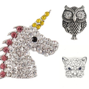 Stor kristallknapp med diamantfunktion, silverfärgade strassknappar, enhörning, katt, uggla, fjäril
