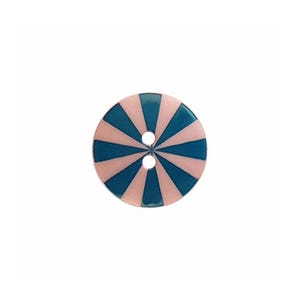 May include: A round, two-hole button featuring a radial pattern of alternating light pink and dark teal blue segments. The design radiates from the center, creating a symmetrical, star-like appearance across the surface of the circular fastener.