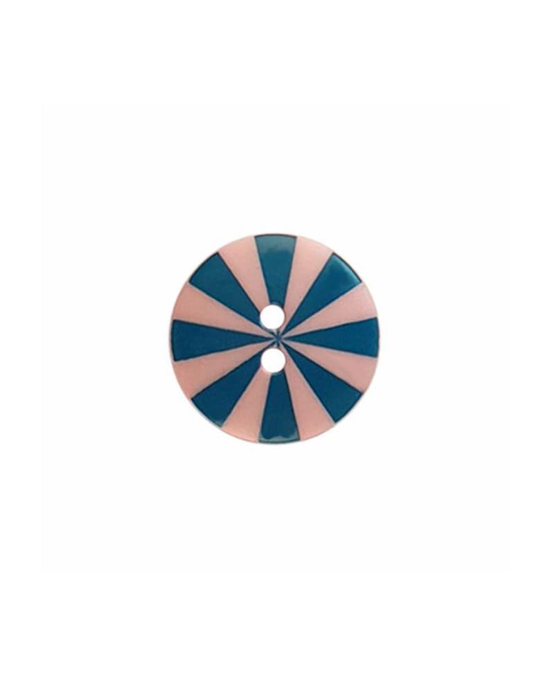 May include: A round, two-hole button featuring a radial pattern of alternating light pink and dark teal blue segments. The design radiates from the center, creating a symmetrical, star-like appearance across the surface of the circular fastener.