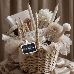 May include: A wicker basket filled with art supplies and decorative items in neutral tones. The basket contains pencils, brushes, a small chalkboard sign that reads "For You", and other accessories. A bow and tulle add to the presentation.