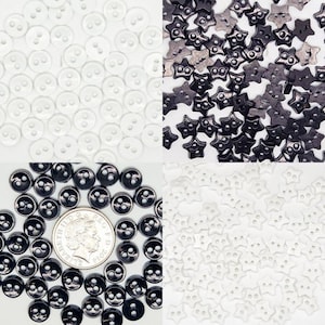 May include: A collage of sewing notions, including white round buttons with two holes, black star-shaped sequins, black round buttons, and white star-shaped sequins. The buttons and sequins are scattered across the image.