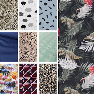 May include: A collage of ten different fabric swatches featuring a variety of patterns, including zebra stripes, clouds, geometric shapes, palm leaves, musical notes, and a dinosaur print.