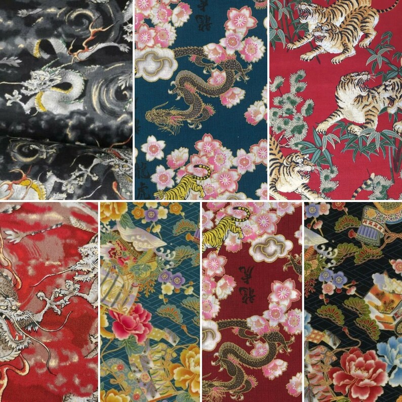 100 Cotton Fabric Fat Quarters Japanese Dragon Tiger Etsy UK