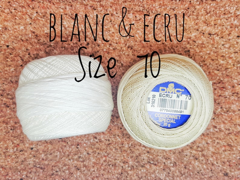 May include: Two spools of DMC Cordonnet Special embroidery floss, one white and one ecru, labeled "Size 10". The ecru spool has the DMC logo and the text "ECRU N&deg; 70" and "Lot 316210".