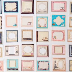 May include: A patchwork of fabric squares, each with a framed design. The squares showcase illustrations of sewing machines, dress forms, and decorative elements, in soft pastels and muted tones. The squares are arranged on a white background.
