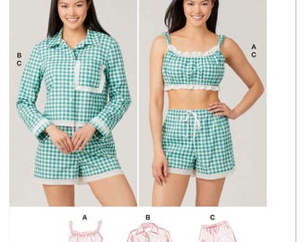McCall’s M8613 Sewing Pattern | Misses Bralette, Button Down Shirt & Shorts Set | Summer Loungewear Pattern | Size A XS-S-M-L-XL-XXL
