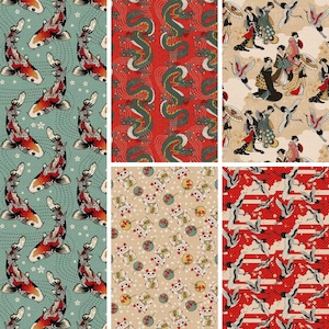 May include: A collage of six different patterned fabric swatches. The top left swatch features a blue background with red and white koi fish. The top middle swatch features a red background with green and gold dragons. The top right swatch features a beige background with red and white cranes and people in traditional Japanese clothing. The bottom left swatch is the same as the top left. The bottom middle swatch features a beige background with white and gold lucky cats. The bottom right swatch is the same as the top right.