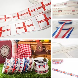 May include: A selection of white and red ribbon spools featuring various designs, including the Union Jack flag, the words "England" and "Best of British", and a quote by Oscar Wilde. The ribbon is ideal for crafting, decorating, and adding a touch of British charm to any project.