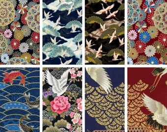 100% Cotton Fabric Fat Quarters | Japanese Crane Bird Koi Fish Metallic | Sewing Material