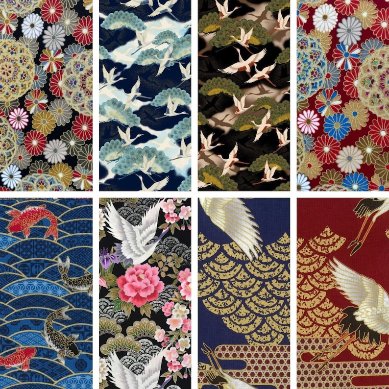 Puede incluir: Un collage de diez patrones de tela diferentes que presentan varios dise&ntilde;os, incluyendo motivos florales, geom&eacute;tricos y de gr&uacute;as. Los patrones son de varios colores, incluyendo rojo, azul, verde y dorado.