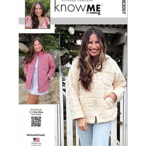 May include: A sewing pattern envelope labelled ME2057 Know Me by Mimi G Alissah Threads. It features two jacket variations: a pink quilted jacket and a cream quilted jacket, both with a front zip, collar, and chest pocket. Includes a QR code.