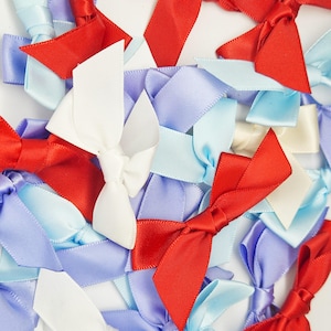 May include: A close-up of a collection of small satin bows in red, white, light blue, and lavender. The bows are arranged closely together, creating a textured pattern. Suitable for craft projects or decorative purposes.