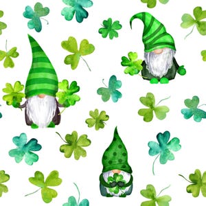 May include: A seamless pattern featuring three gnomes wearing green hats and holding shamrocks. The gnomes are surrounded by green shamrocks on a white background.