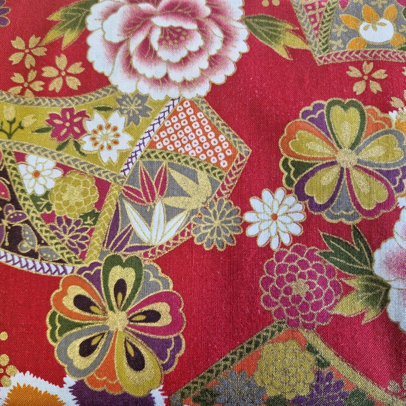 100% Cotton Fabric Fat Quarters | Japanese Crane Bird Koi Fish Metallic | Sewing Material Nishi