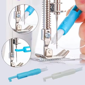 May include: A blue and white sewing machine needle threader. The image shows the tool in use, threading a needle, and close-up views of the needle and threader. The tool is designed to assist with threading needles.