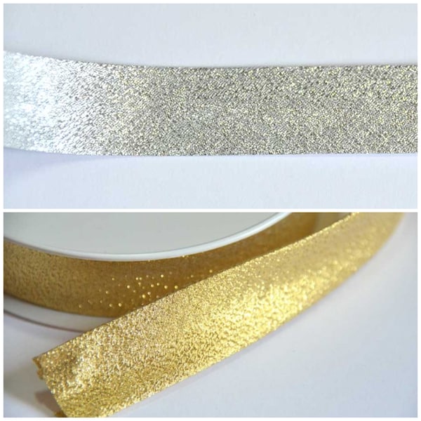 Pre-Folded Bias Binding Tape - 20mm wide Sparkly Silver Gold Lame - Polyester